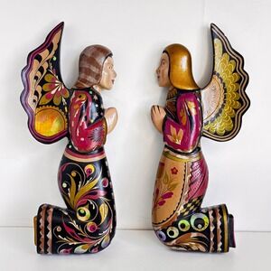 Hand Painted Wood Guardian Angels Wall Decor Set 2 Folk Art 7.25" Religous